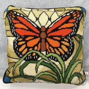 Vintage Wool Butterfly Needlepoint Pillow Stained Glass MCM Corduroy Backside